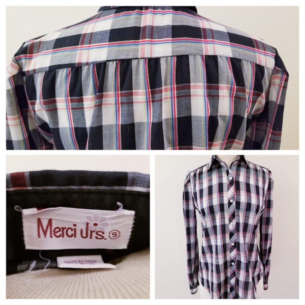 80's Vintage Merci Jrs. Plaid Blouse - Size 9/10